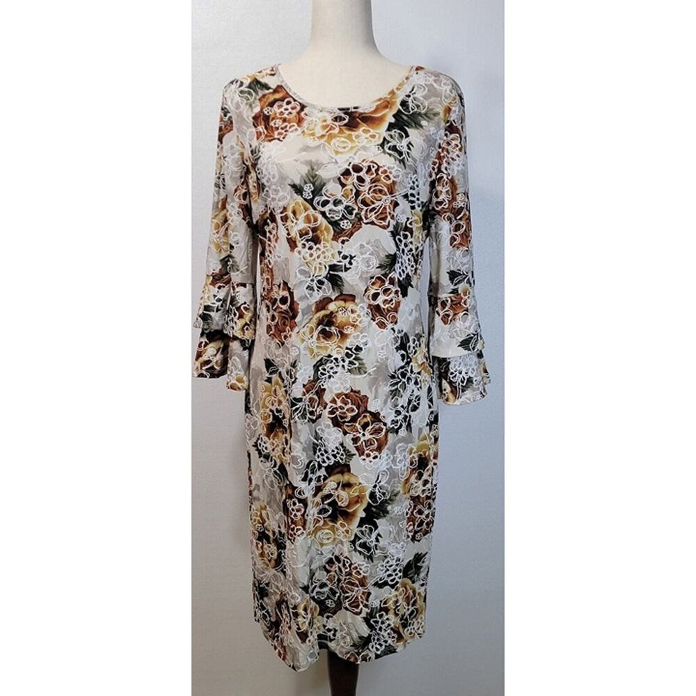 Tacera Knee High Dress Size L Colorful Floral Watercolor Stretch 3/4 Bell Sleeve